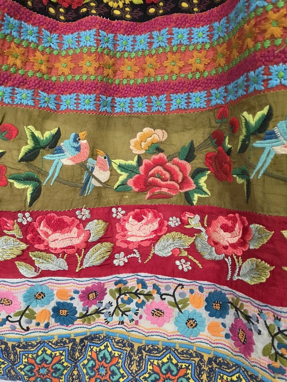 Johnny Was Embroidered Silk Floral Bird Tote Bag Purse - Picture 3 of 13